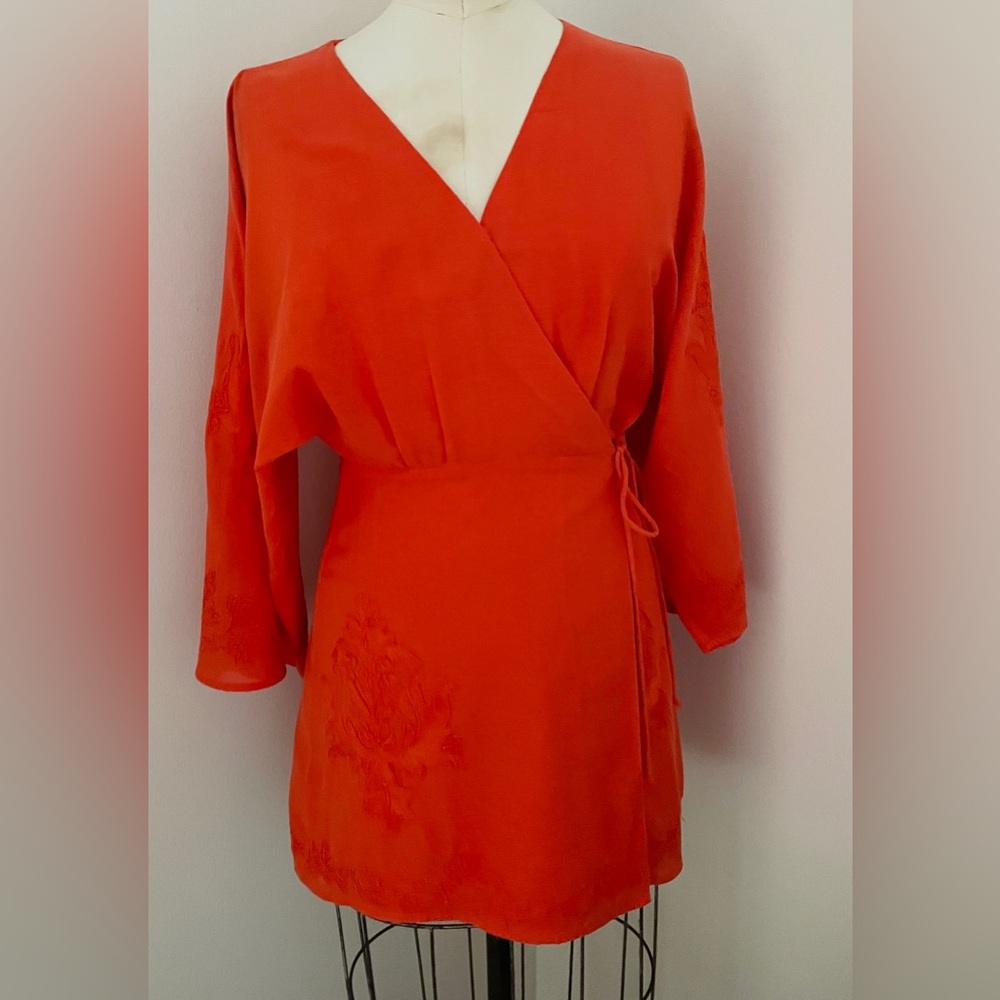 ZARA Red Wrap Short Kimono Boho Embroidered Long Sleeve Mini Dress Tunic XS